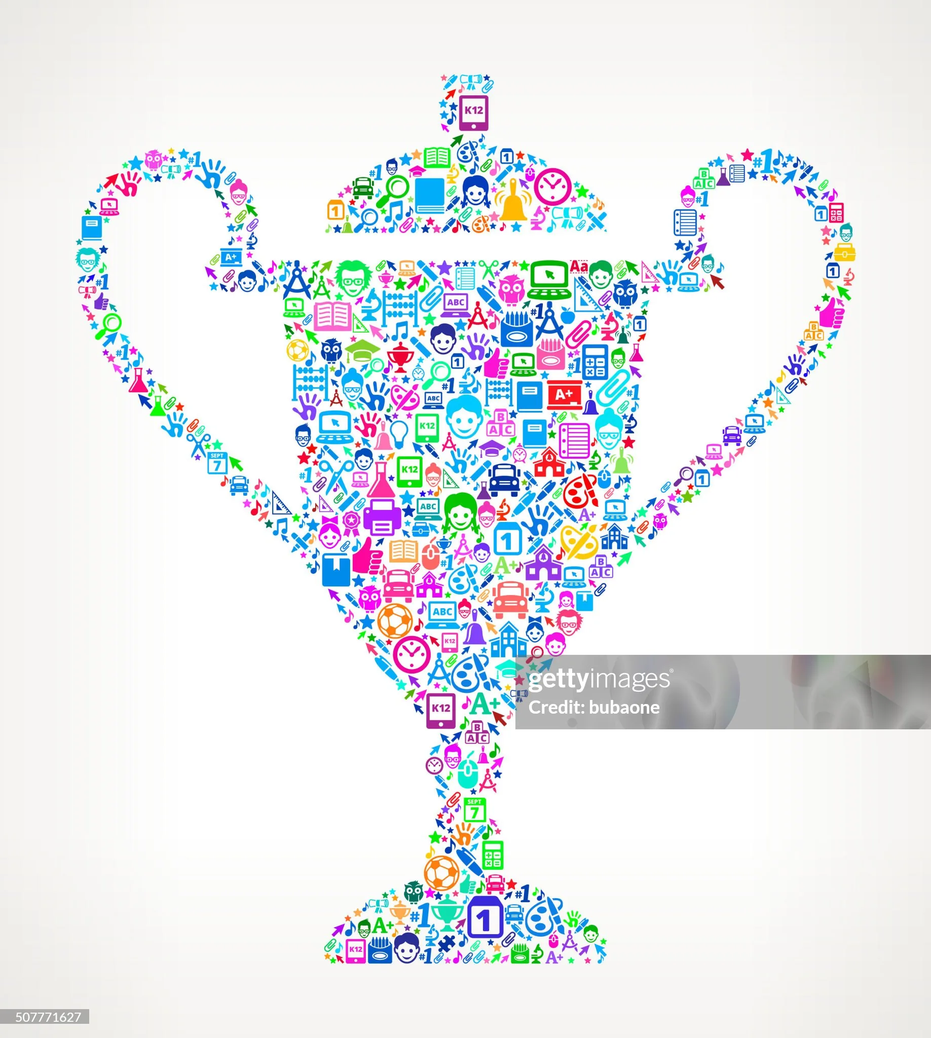 Colorful Trophy on Educational Icon Pattern