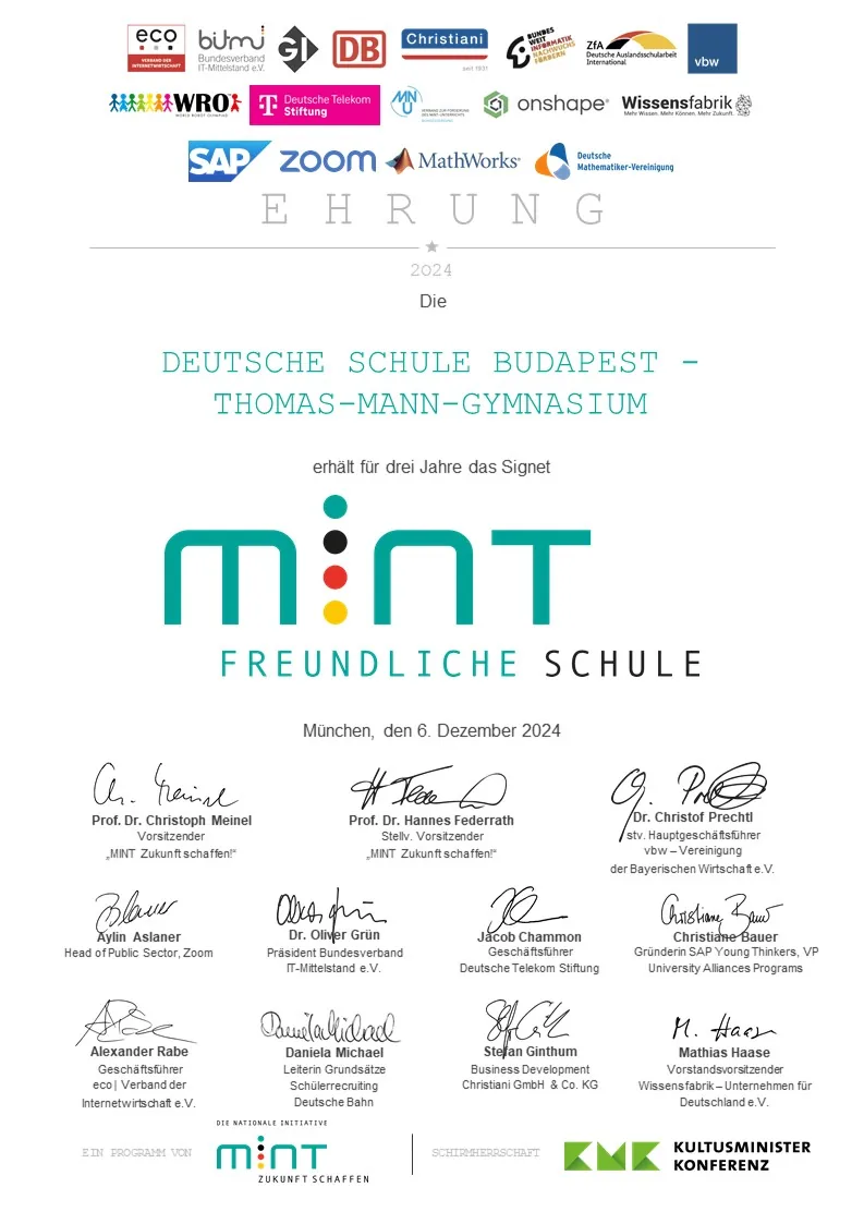 2024 Urkunde XX MS Deutsche Schule Budapest Thomas Mann G